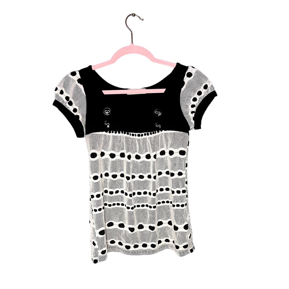 2000s Have Bubble Sleeve Polka Dot Black White Multi Textured Button Top Women